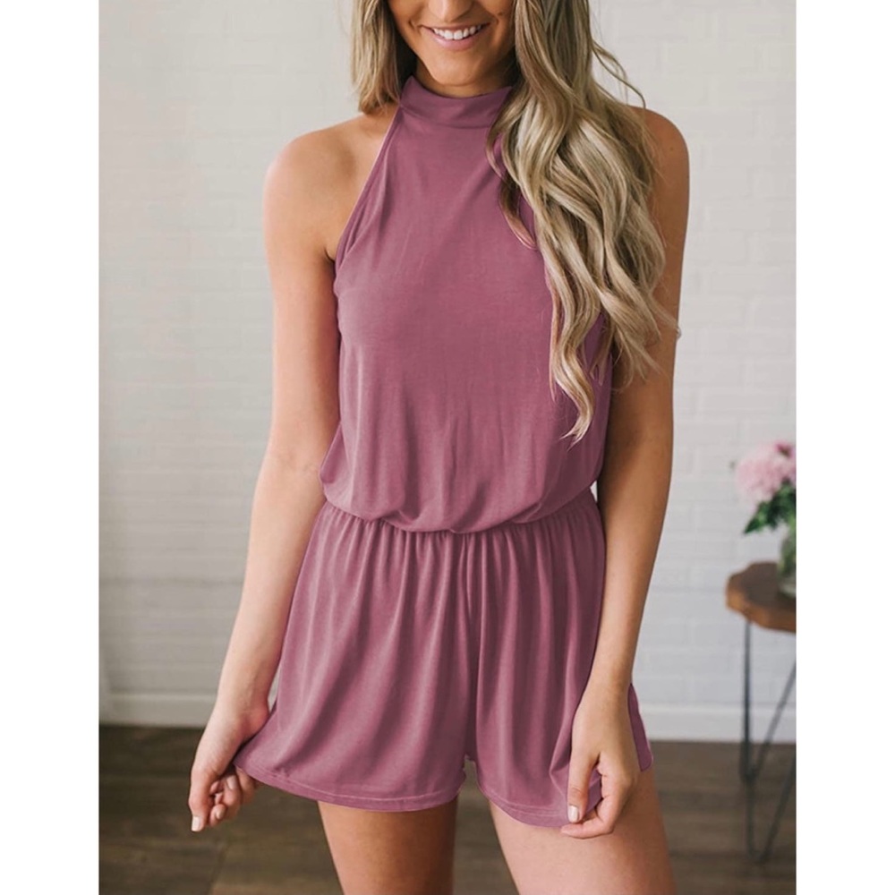 MEROKEETY Summer Halter Neck Shorts Elastic Waist Solid Color Jumpsuit Romper S - Picture 3 of 15